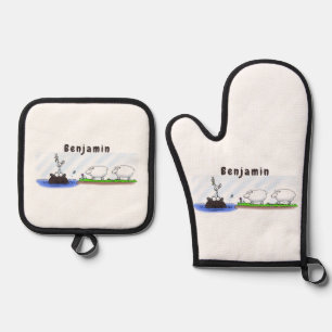 Funny hippo birdie twee ooien ovenwant & pannenlap set