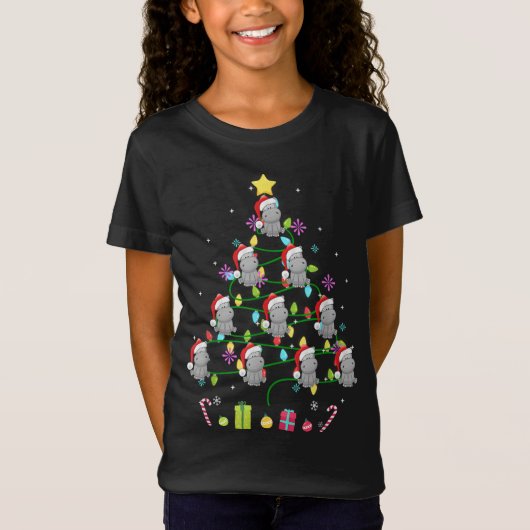 Funny Hippo kerstboomkleur Licht T-shirt (Voorkant)