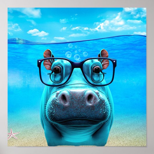 Funny Hippo met bril Hippopotamus dierentuin Poster (Voorkant)