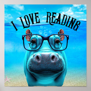 Funny Hippo met Glasses I Love Reading Library Poster