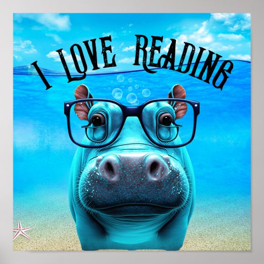 Funny Hippo met Glasses I Love Reading Library Poster (Voorkant)