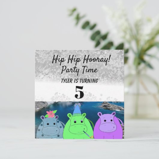 Funny Hippo Party Invitation Kaart (Staand voorkant)