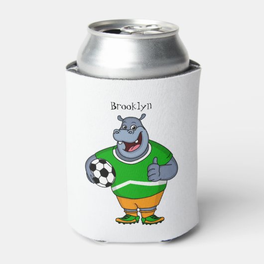 Funny hippo soccer player cartoon blikjeskoeler (Blikje Voorkant)