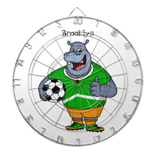Funny hippo soccer player cartoon dartbord (Voorkant)
