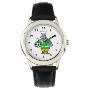 Funny hippo soccer player cartoon horloge