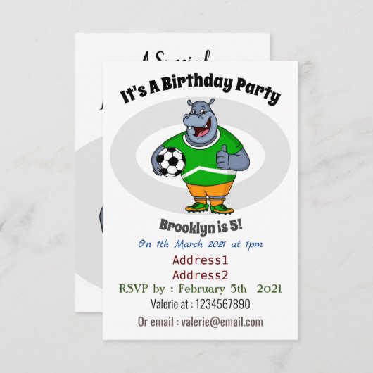Funny hippo soccer player cartoon kaart (Voorkant / Achterkant)