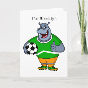 Funny hippo soccer player cartoon kaart
