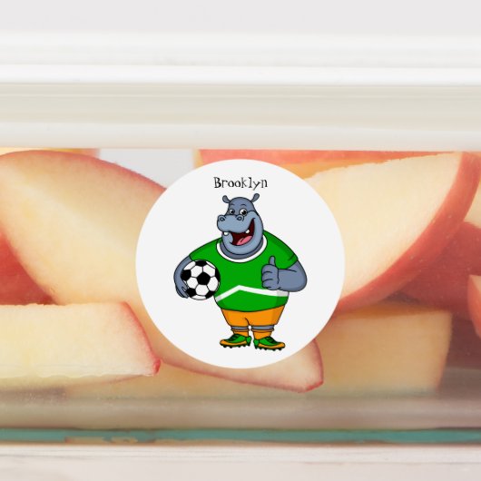 Funny hippo soccer player cartoon labels (Aangebracht)
