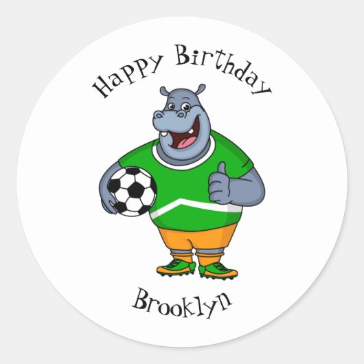 Funny hippo soccer player cartoon ronde sticker (Voorkant)