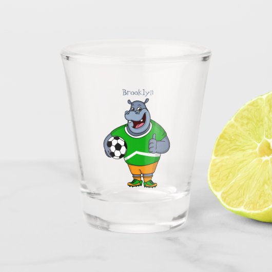 Funny hippo soccer player cartoon shot glas (Voorkant)