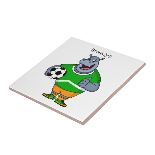Funny hippo soccer player cartoon tegeltje (Zijkant)
