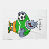 Funny hippo soccer player cartoon theedoek (Horizontaal)