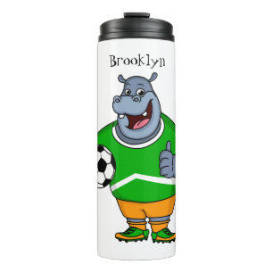 Funny hippo soccer player cartoon thermosbeker