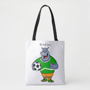 Funny hippo soccer player cartoon tote bag