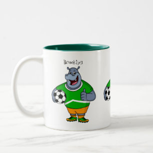 Funny hippo soccer player cartoon tweekleurige koffiemok