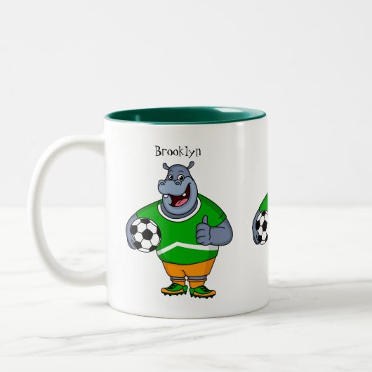Funny hippo soccer player cartoon tweekleurige koffiemok (Links)