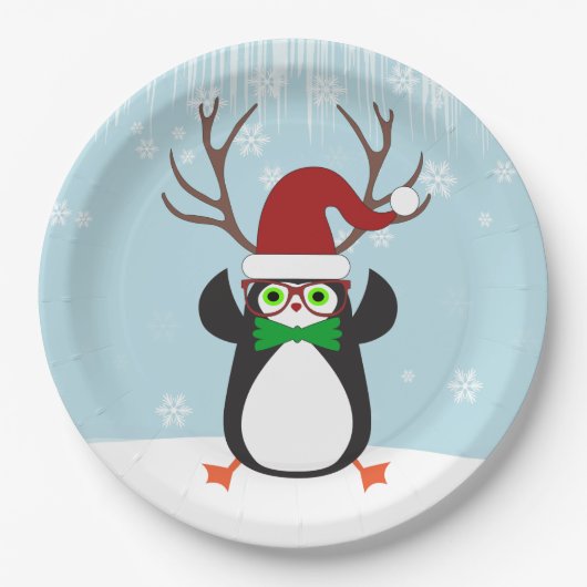 Funny Hipster-kerstpinguïn met geweien Papieren Bordje (Voorkant)