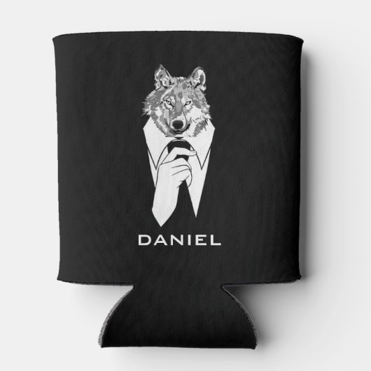 Funny Hipster Wolf met Black Tuxedo gepersonalisee Blikjeskoeler (Achterkant)