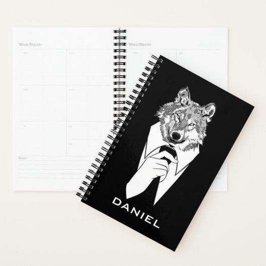Funny Hipster Wolf met Black Tuxedo gepersonalisee Planner (Display)