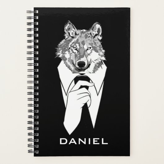 Funny Hipster Wolf met Black Tuxedo gepersonalisee Planner (Voorkant)