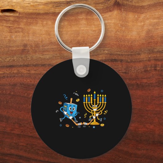 Funny Hockey Dreidel Menorah Hanukkah Kids Womens Sleutelhanger (Voorkant)