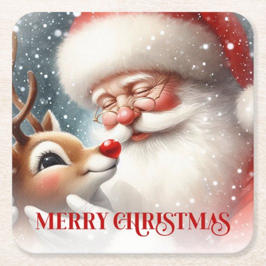 Funny Holiday Paper Coasters Santa and Rudolph Kartonnen Onderzetters (Voorkant)