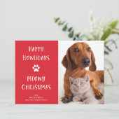 Funny hond en kat kerst met foto feestdagenkaart (Staand voorkant)