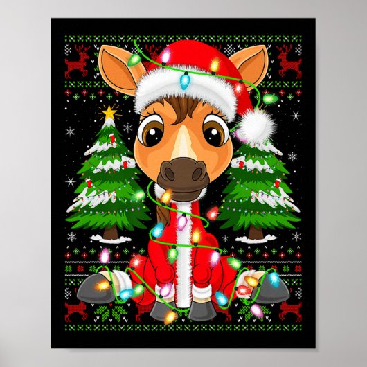 Funny Horse Christmas Lights Santa Costume Ugly Xm Poster (Voorkant)