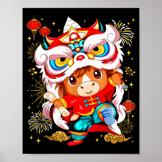 Funny Horse Lion Dance Chinese New Year Kid Men  Poster (Voorkant)