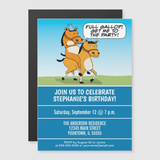 Funny Horse Riding Horse Birthday Party Magnetische Uitnodiging (Voorkant / Achterkant)