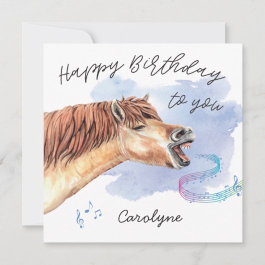 Funny Horse Singing Happy Birthday Kaart met naam (Voorkant)