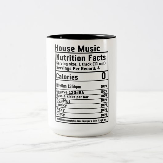Funny House Music Nutritional Facts Two-Tone Coff Tweekleurige Koffiemok (Center)