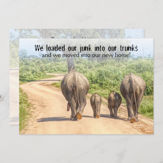 Funny Housewarming Open House Elephants Moved Kaart (Voorkant / Achterkant)