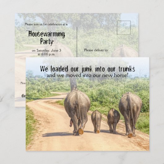 Funny Housewarming Party Elephants Moved Briefkaart (Voorkant / Achterkant)