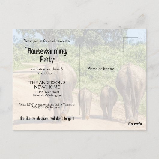 Funny Housewarming Party Elephants Moved Briefkaart (Achterkant)