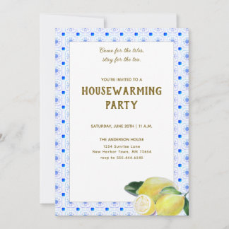 Funny Housewarming Tea Party Boho Lemon Blue Tegel Kaart
