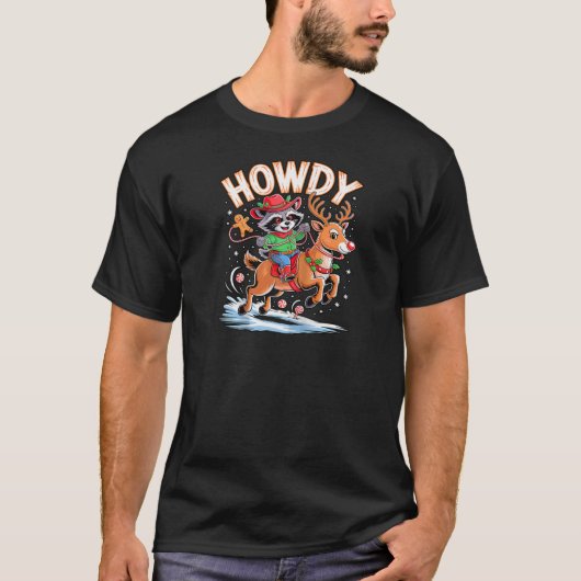 Funny Howdy Christmas Raccoon Cowboy Riding Reinde T-shirt (Voorkant)
