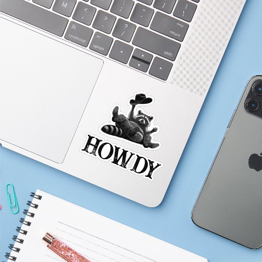 Funny Howdy Raccoon with Cowboy Hat and Boots Sticker (Laptop met iPhone)
