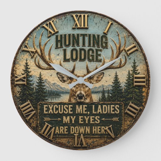 Funny Hunting Lodge Rustic Deer Hunter Decor Grote Klok (Voorkant)