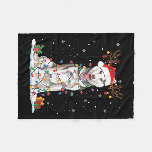 Funny Husky Dog Tree kerstlampjes Pajama Fleece Deken (Voorkant (Horizontaal))