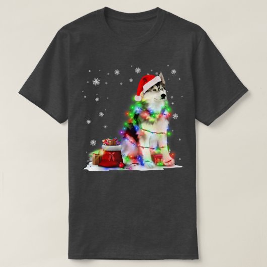 Funny Husky Dog Tree kerstlampjes Pajama T-shirt (Design voorkant)