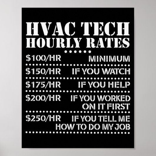 Funny Hvac Tech Hourly Rate Chart Men Women  Poster (Voorkant)