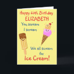 Funny Ice Cream Scream Humor Schattige Retro Verja Kaart<br><div class="desc">Verjaardag ijs plezier. Je schreeuwt,  ik schreeuw,  we schreeuwen allemaal om ijs! Cheeky retro kawaii stijl verjaardag wenskaart met ijs,  kegel en ijslolly. Gemakkelijk gepersonaliseerd voor elk jaar en naam met behulp van de sjabloon.</div>