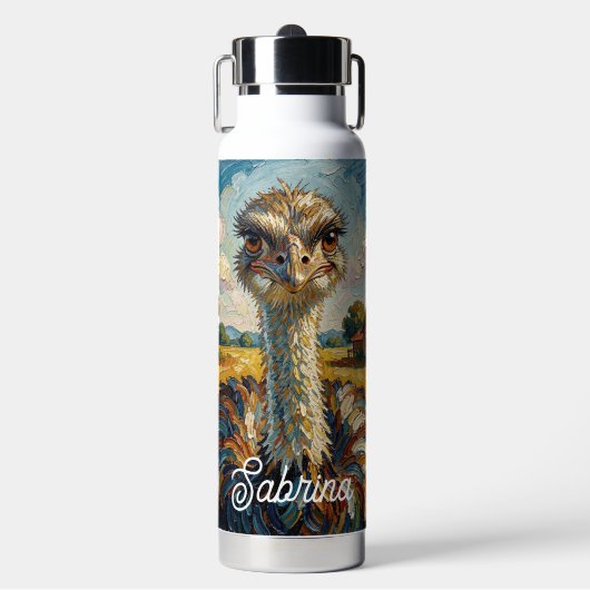 Funny Impasto Ostrich on a Ranch Personalized Waterfles (Voorkant)
