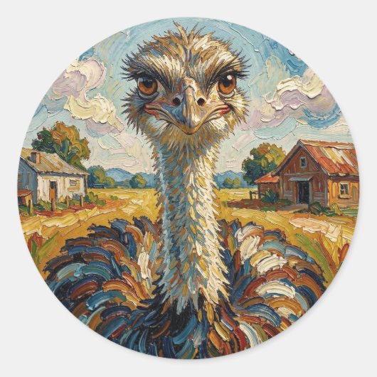 Funny Impasto Ostrich on a Ranch  Ronde Sticker (Voorkant)