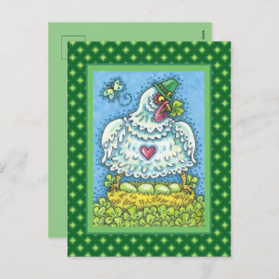 FUNNY IRISH HEN, GROENE EIEREN EN SHAMROCKS CUTE FEESTDAGENKAART