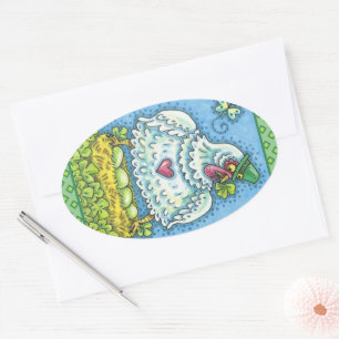 FUNNY IRISH HEN, GROENE EIEREN EN SHAMROCKS CUTE OVALE STICKER