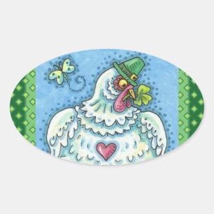 FUNNY IRISH HEN, GROENE EIEREN EN SHAMROCKS CUTE OVALE STICKER