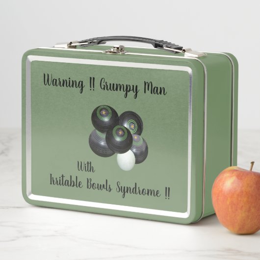 Funny Irritable Lawn Bowls Man, Metal Lunchbox (In situ)