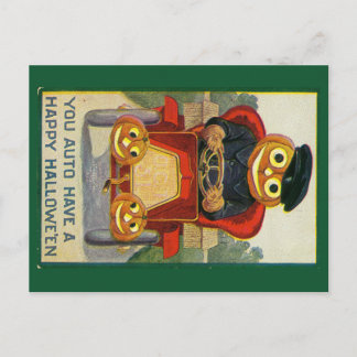 Funny jack-o-lantern in a car Halloween postcard Feestdagenkaart